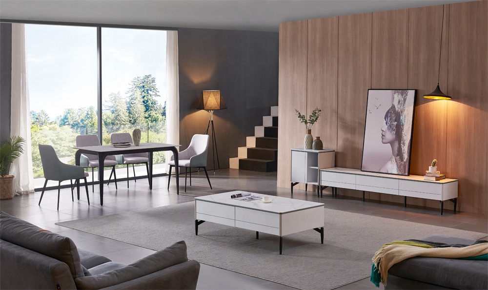 Nordisches neues Design modern vereinfachen gesinterten Stein-Top-Tee-Tisch-Wohnzimmerkombination aus Esstisch und Stuhl